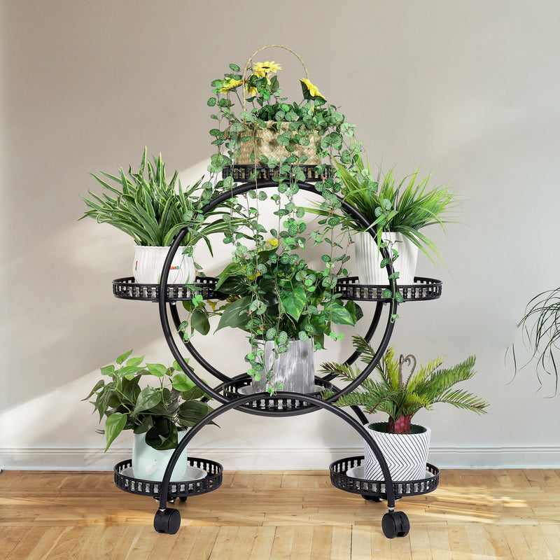 6 Pot Metal Plant Stand Multi-Layer Plant Holder Flower Pot Rack with Wheels for Garden Yard Indoor Outdoor