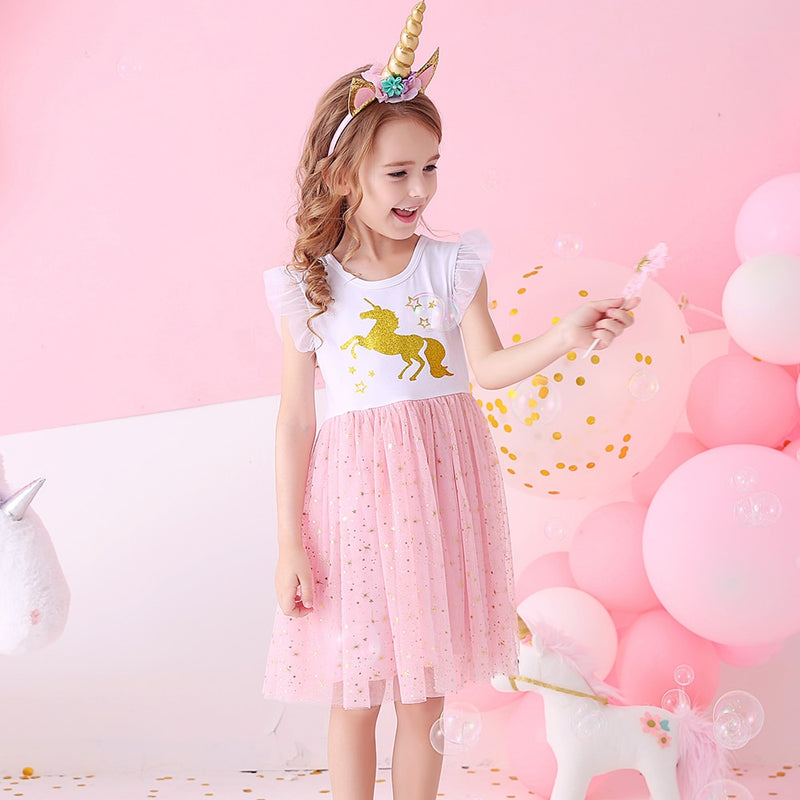 DXTON Girls Clothes for Summer Princess Dresses Kids Flare Sleeve Unicorn Print Dress Girls Party Dresses Children Clothing 3-8Y