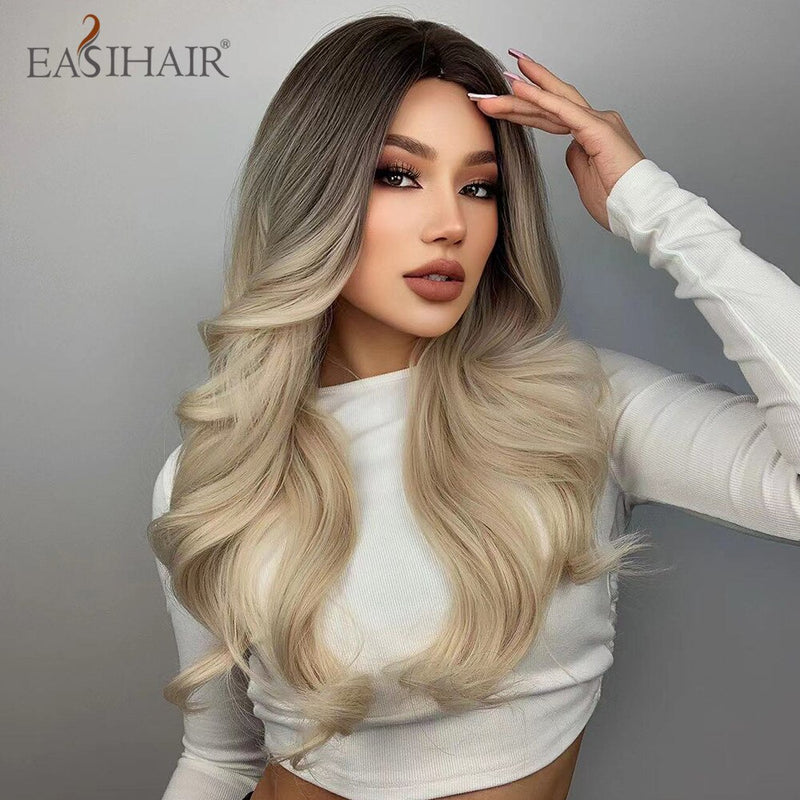 EASIHAIR Long Light Blonde Ombre Natural Wave Style Wigs Heat Resistant Synthetic Wigs Middle Part Hair Cosplay Wigs for Women