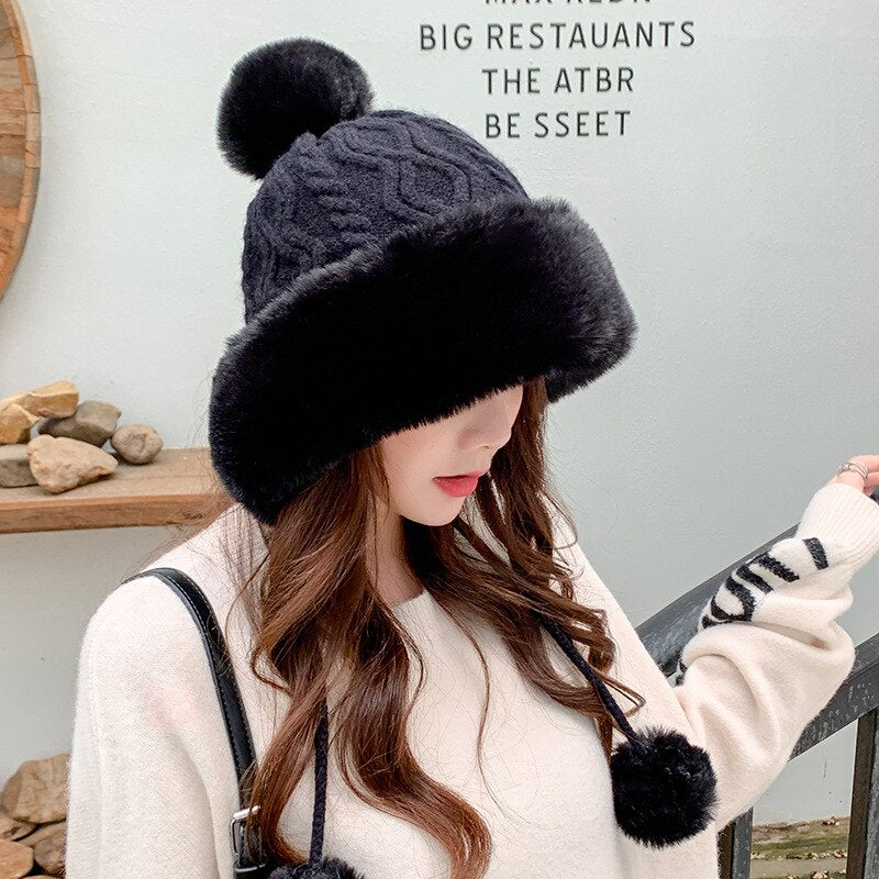 Sparsil Woman Autumn Winter Mink Knit Bomber Hat Thick Female Fluffy Pompom Outdoor Warm Windproof Earflap Trapper Snow Ski Caps