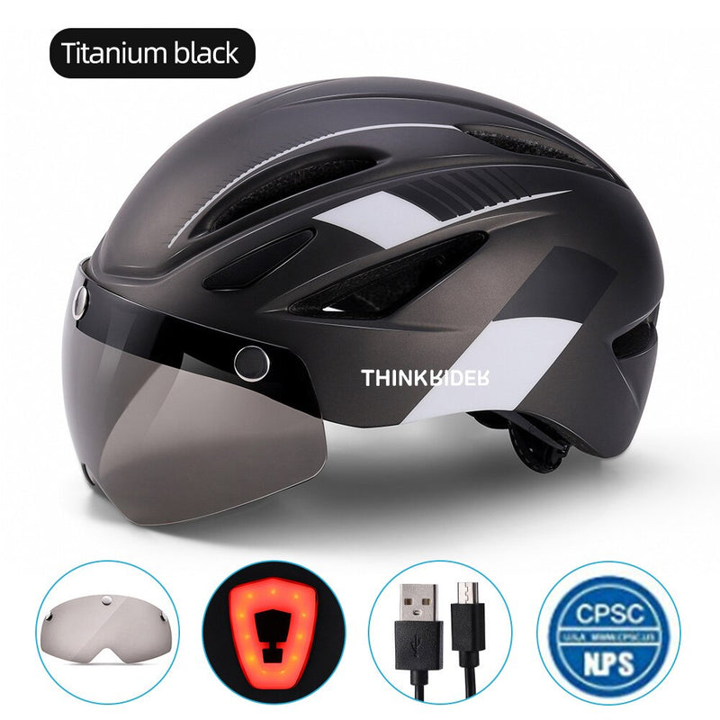 ThinkRider Cycling Helmet with Visor Magnetic Goggles and Tail lights  58-61cm for Men Women MTB Road Bicycle  Bike Helmet