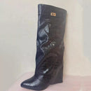 Ins Hot Spring Winter Great Quality Crocodile Print Upper Shoes Booty Knee High Pointy Toe Over-lay Side Zip Women Boots 43