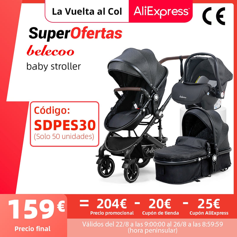 Belecoo Baby Stroller 3 in 1 Baby Stroller High landscape Fit Newborn Travel Foldable Stroller CE Approved Black Stroller