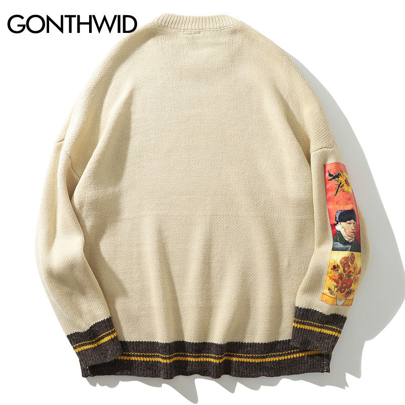 Men Knitted Sweater Streetwear Hip Hop Embrodiery Letter Van Gogh Patchwork Pullover Sweaters Harajuku Casual Loose Sweater