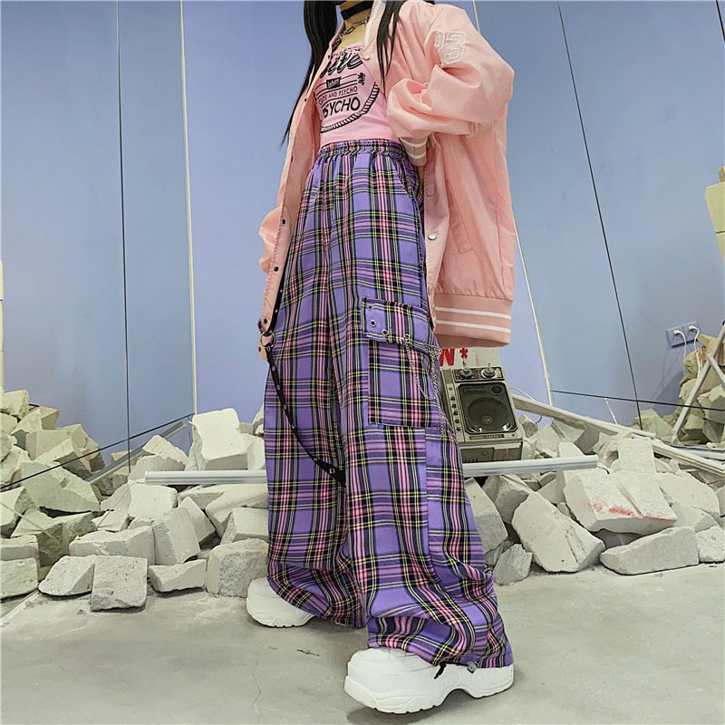 QWEEK Punk Harajuku pantalones a cuadros mujeres Goth Hippie pantalones a cuadros Hip Hop pantalones anchos Cargo Indie y2k estético 2000s coreano