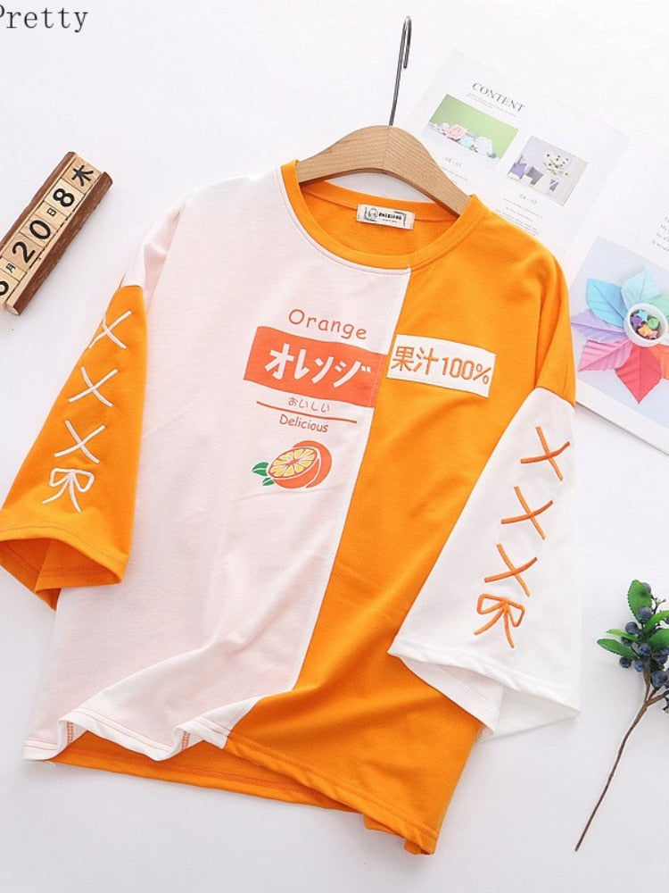 Korean Fashion Sommer Frauen T-Shirt Kawaii Kleidung Orange Stickerei Patchwork Kurzarm Baumwolle T-Shirt Cute Sweet Girls Tops