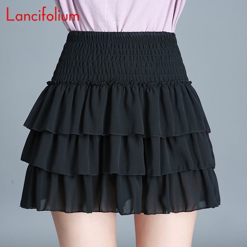 Cake Skirt Women Floral A Line Chiffon Mini Skirt Korean Kawaii Elastic High Waist Tiered Black White School Pleated Skirts B006