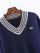 European Style Spring Autumn Women Bee Embroidery Sweater Elegant V-neck Knitted Loose Striped Long Sleeve Pullover  C-019
