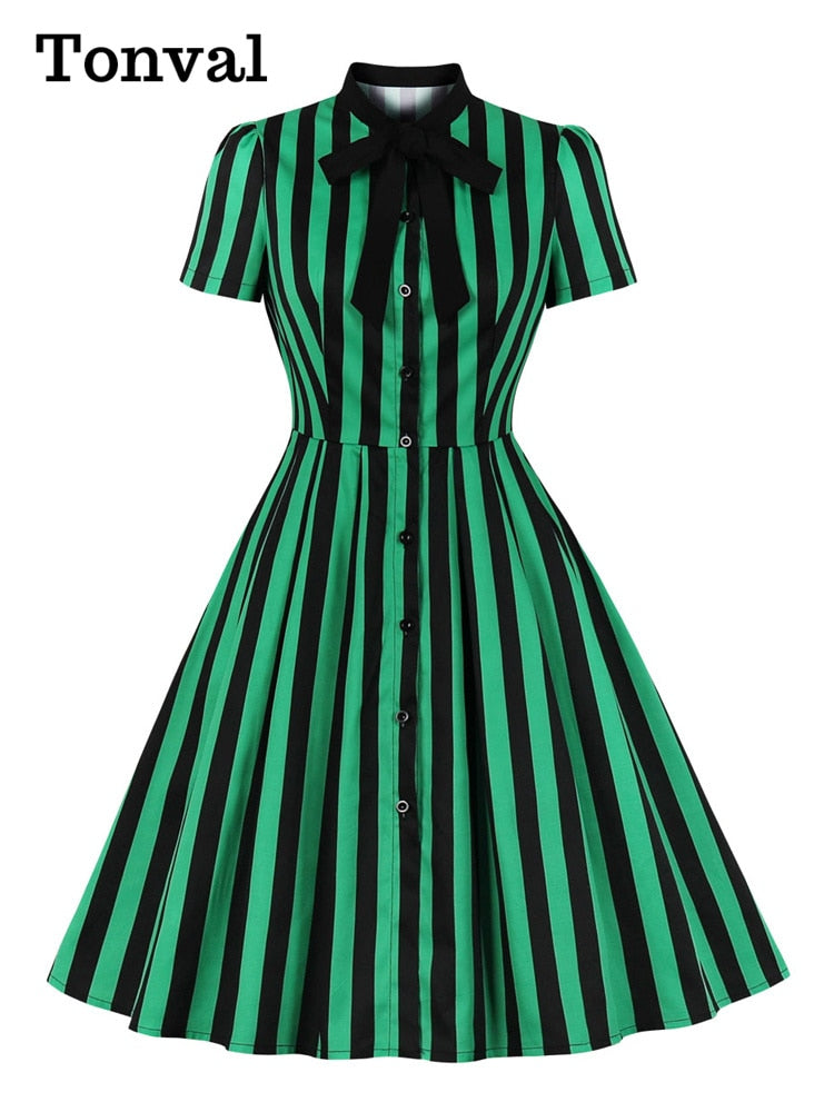 Tonval Bow Tie Neck Green Striped Vintage Robe Button Up Elegant Dresses for Women Cotton Retro Clothing Pocket Summer Dress