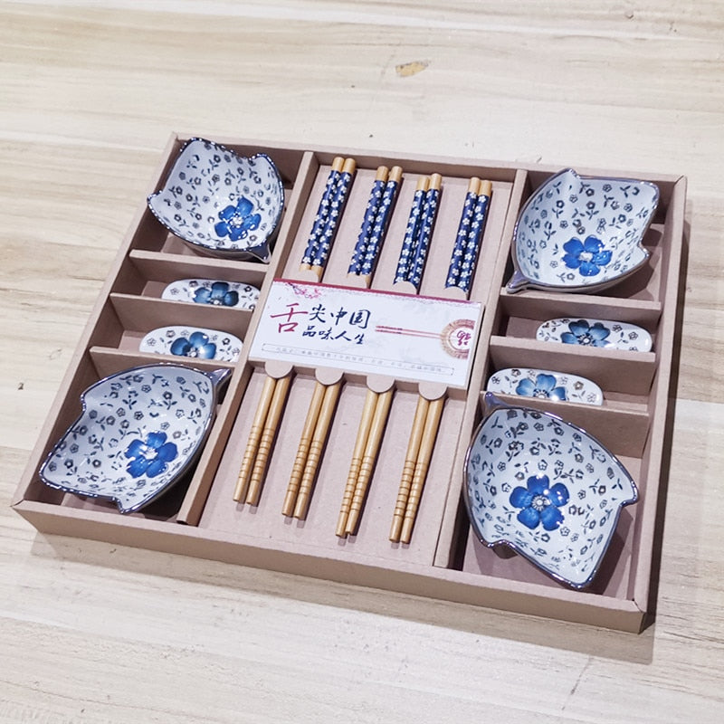 Japanese Style Cherry Blossom Ceramic Sushi Dishes Sashimi Soysauce Dish Blue Dinnerware Set Tableware Set Box (12pcs/set)