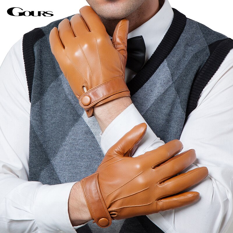 Gours invierno guantes de cuero genuino hombres nueva marca de piel de cabra negro moda conducción pantalla táctil guantes de piel de cabra mitones GSM036