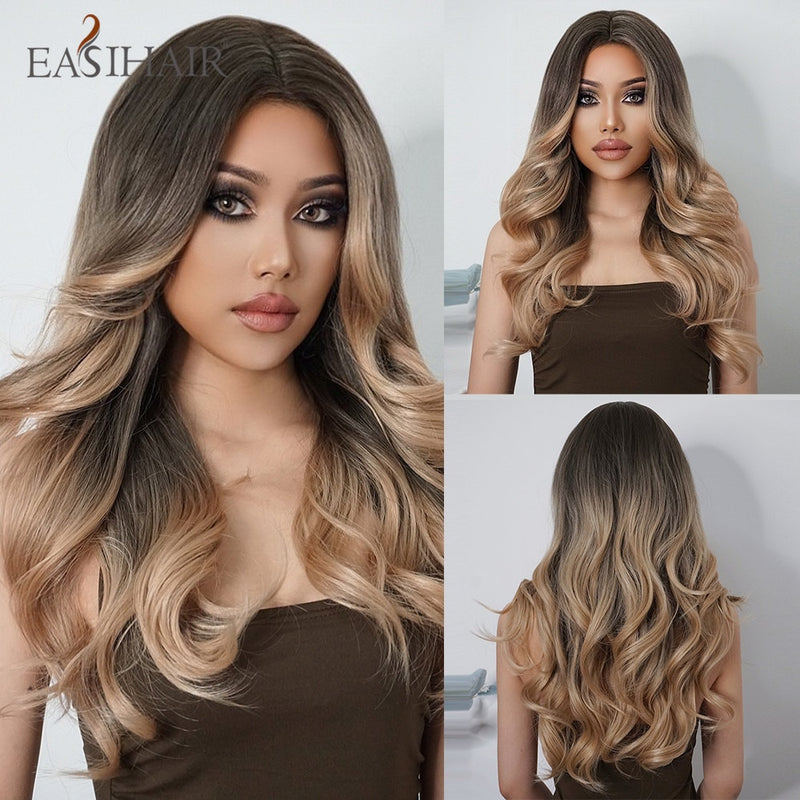 EASIHAIR Long Wavy Dark Brown Black Synthetic Wigs Natural Middle Part Hair Wigs for Women Daily Cosplay Party Heat Resistant