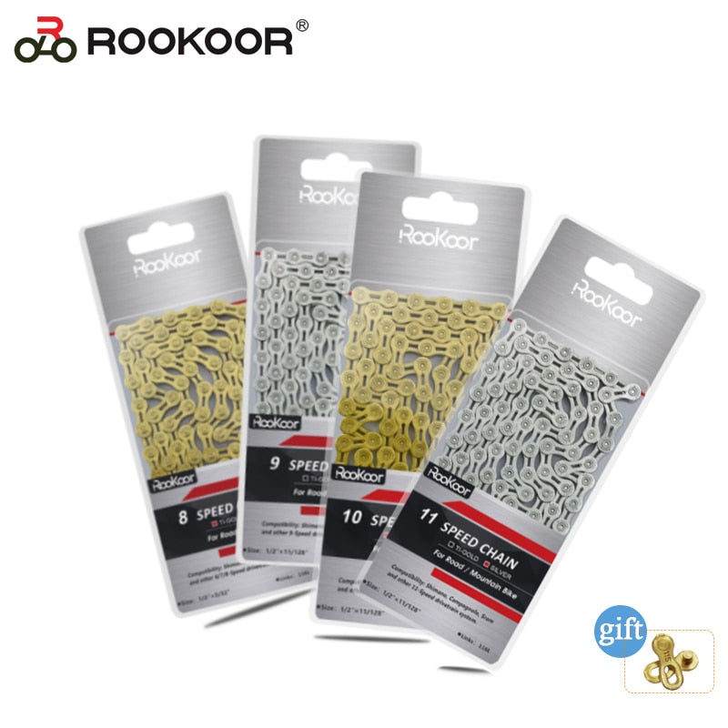 Rookoor 6 7 8 9 10 11 Speed Bicycle Chain Titanium Plated Gold TI-Gold Silver Road Mountain Bike MTB EL Hollow Chains 116 Links