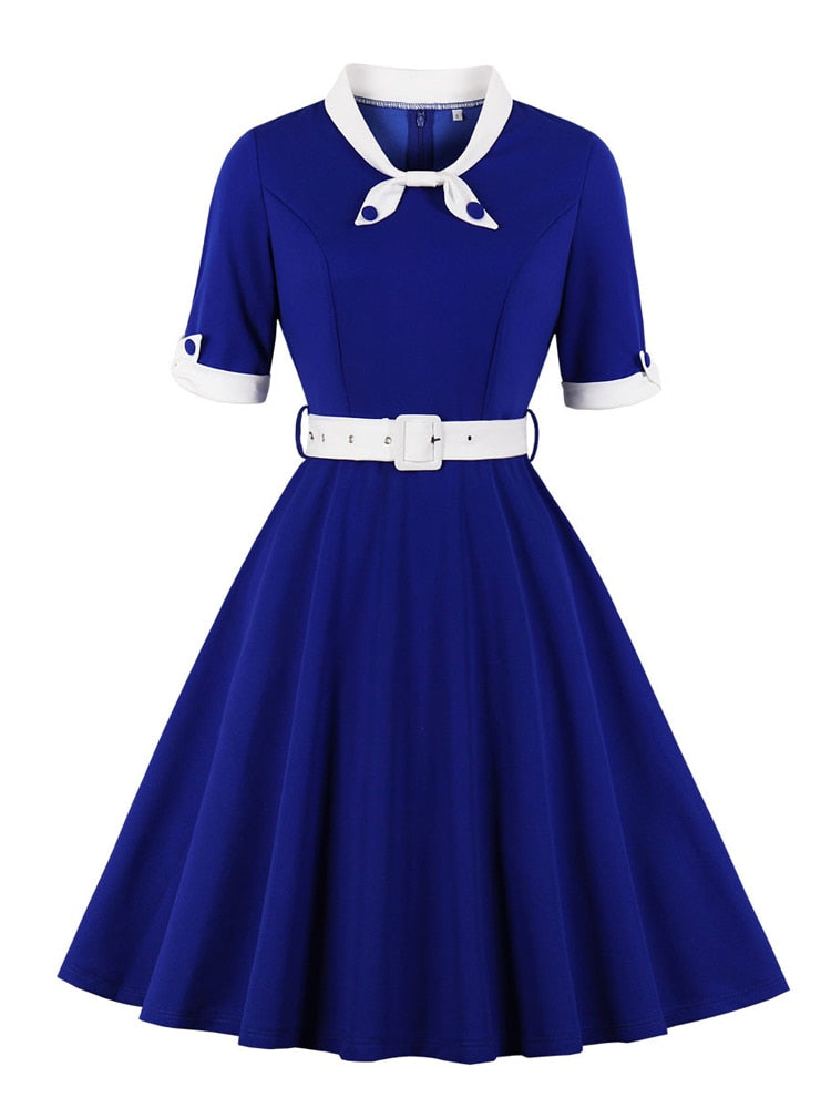 Tonval Green Contrast Bow Neck and Cuff Vintage Belted Dress Half Sleeve Herbst Damen Fit and Flare Retro Swing Kleider
