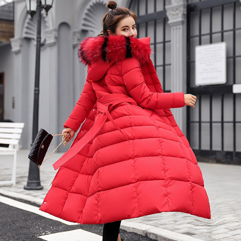 2022 nueva chaqueta de invierno para mujer, abrigo largo con cuello de piel de zorro y cinturón de lazo a la moda para mujer, abrigo grueso para mujer