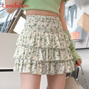 Cake Skirt Women Floral A Line Chiffon Mini Skirt Korean Kawaii Elastic High Waist Tiered Black White School Pleated Skirts B006