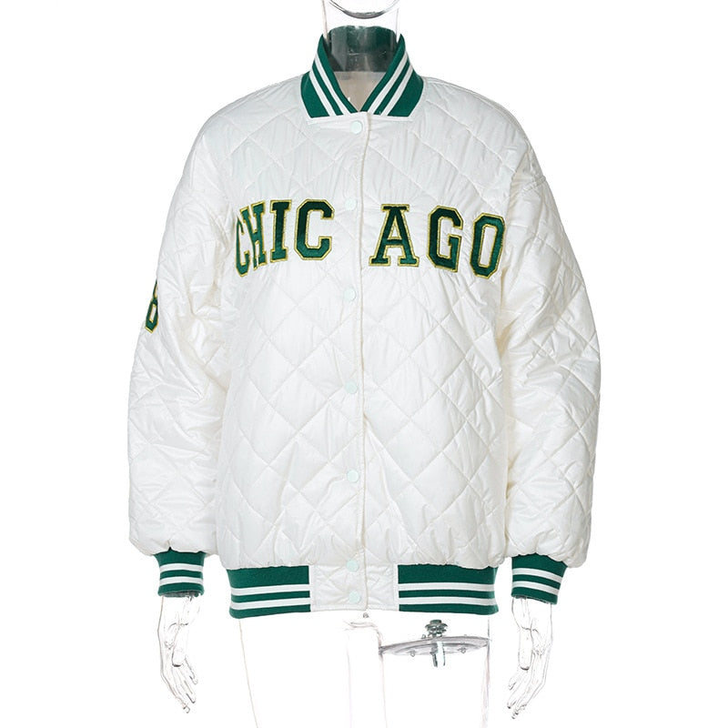Y2k Green Print Fashion Baseball Bomber Coat 2022 Autumn Winter Oversized Patchwork Jacket Varsity Women Casual White