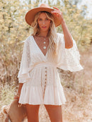 White Lace Tunic Sexy Deep V Neck Button Bikini Cover-ups Women Clothes 2023 Summer Sexy Ruffles Long Sleeves Mini Dress A1132