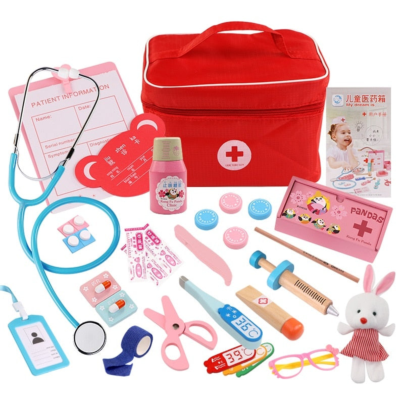 Doctor Toys for Children Set Kids Wooden Pretend Play Kit Games for Girls Boys Red Medical Dentist Medicine Box Cloth Bags