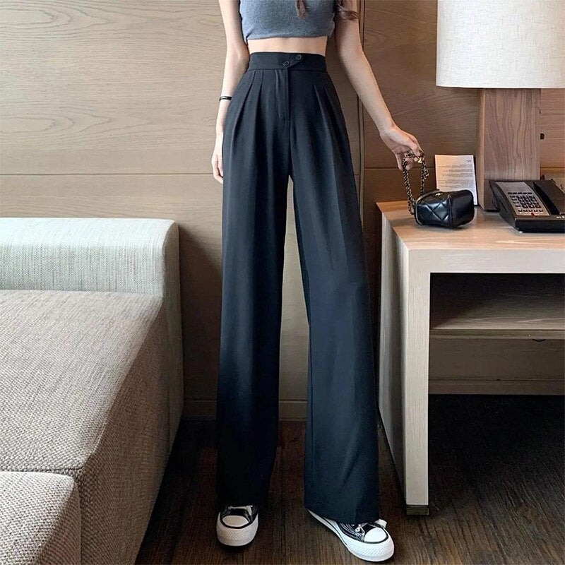 Fashion Summer Thin Solid Color Drape Mop Pants Femme All-match Patchwork Two Buttons Higt Waist Pleated Casual Loose Trousers