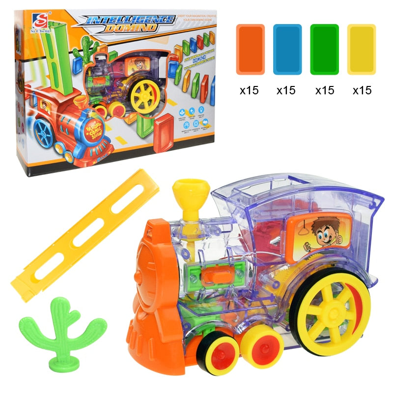 Juego de coches de tren de dominó para niños, luz de sonido, colocación automática de dominó, bloques de dominó coloridos, juego educativo, juguete para regalo DIY