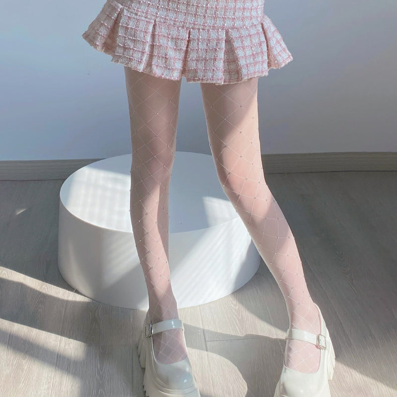 Oxygen Women White Flash Diamond Stockings Sexy Hot Girl All-Match Thin Pantyhose Arbitrarily Cut Mesh Nylon Tights High Hosiery