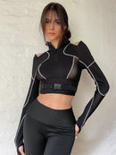 HEYounGIRL Patchwork Mesh Harajuku Sexy Crop Top Tshirt Ladies Punk Goth Long Sleeve T Shirt Women Fashion Basic Black Tee Shirt