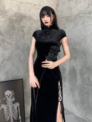 InsGoth Retro Cheongsam Black Dress Goth High Waist Bandage Patchwork  Midi Dress Women Elegant Bodycon Short Sleeve Party Dress