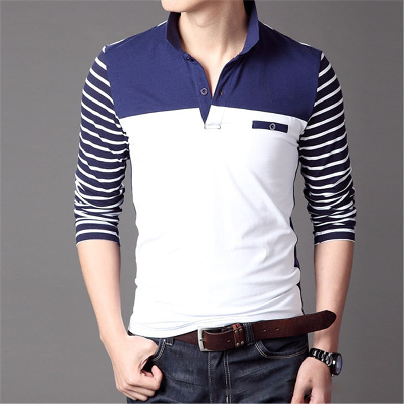 TFETTERS Spring Autumn Casual Men Long Sleeve T-shirt Cotton Elastic Slim Fit Dress T Shirt Men V-Neck Stripe Men Tops & Tees