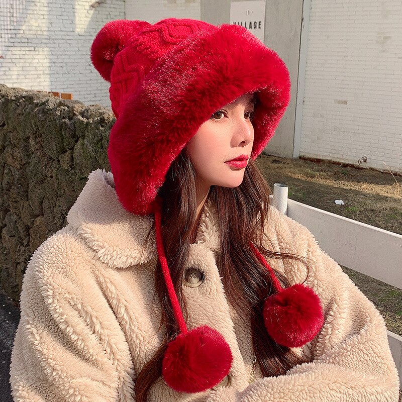 Sparsil Woman Autumn Winter Mink Knit Bomber Hat Thick Female Fluffy Pompom Outdoor Warm Windproof Earflap Trapper Snow Ski Caps