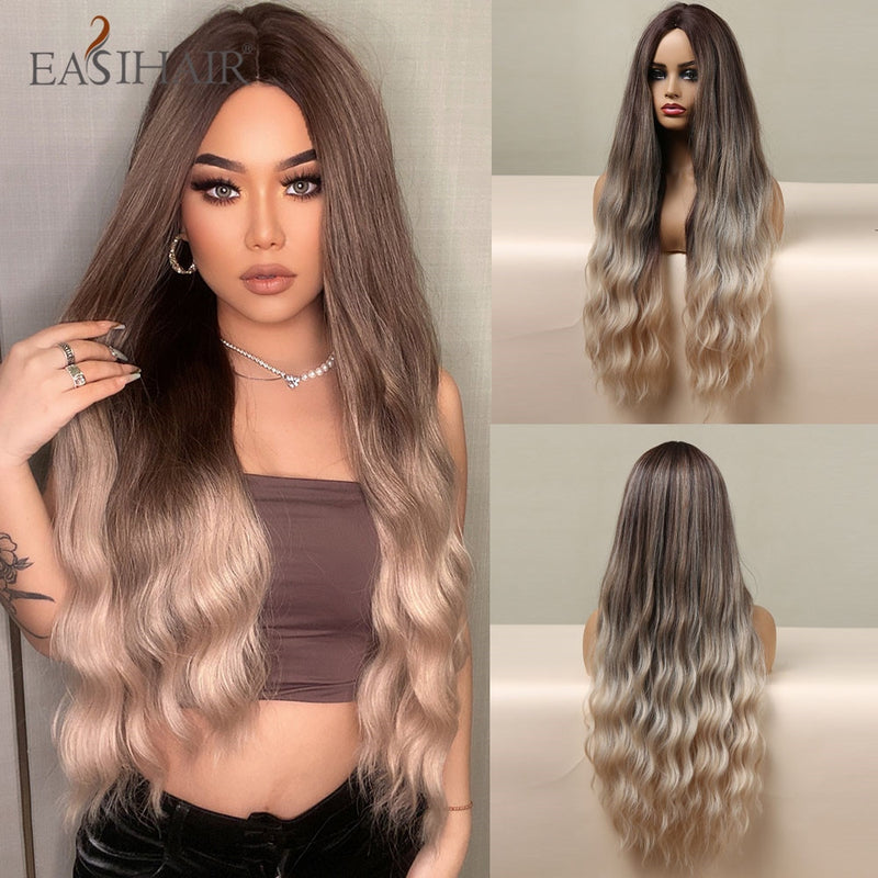 EASIHAIR Long Wavy Dark Brown Black Synthetic Wigs Natural Middle Part Hair Wigs for Women Daily Cosplay Party Heat Resistant