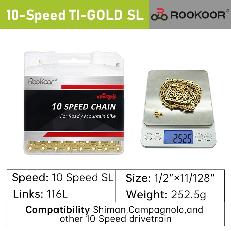 Rookoor 6 7 8 9 10 11 Speed Bicycle Chain Titanium Plated Gold TI-Gold Silver Road Mountain Bike MTB EL Hollow Chains 116 Links