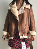 Tangada Women beige fur faux leather jacket coat with belt turn down collar Ladies 2021 Winter Thick Warm Oversized Coat 5B01