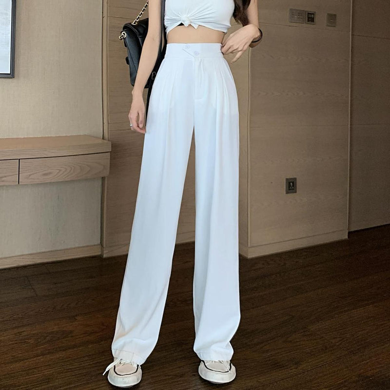 Fashion Summer Thin Solid Color Drape Mop Pants Femme All-match Patchwork Two Buttons Higt Waist Pleated Casual Loose Trousers