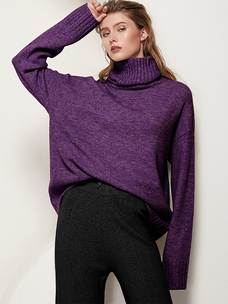 Aachoae Elegant Solid Knitted Two Piece Set Women Turtleneck Batwing Long Sleeve Loose Sweater Full Length Casual Wide Leg Pants