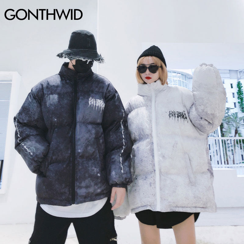 GONTHWID Graffiti Ink Tie Dye Print Cotton Padded Puffer Parka Jackets Streetwear Hip Hop Winter Casual Punk Rock Parkas Hipster