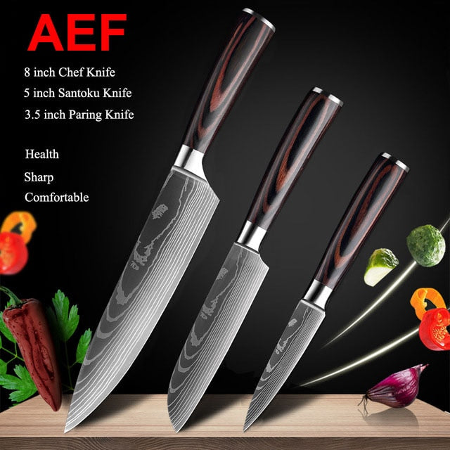 Japanese Kitchen Knife Set Laser Damascus Pattern Stainless Steel  Sharp Cleaver Slicing Utility Knives Kitchen Tools