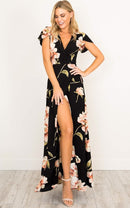 Vestido largo de manga corta de verano 2022 con cuello en V estampado dividido moda Retro Tiktok consignación bata de rayón para mujer fiesta boda