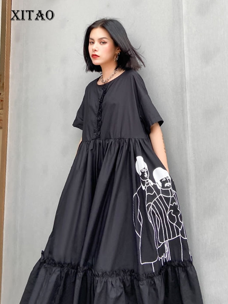 XITAO Summer New Dress Women Fashion Loose  Short Sleeve Minority Printing Dresses Trend Wild A-line Vestidos XJ4922