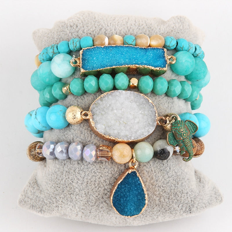 RH New Designer Boho Beaded Bracelet Set Natural Stone &amp; Druzy 5pc Bracelets Bangles Set For Fashion Jewelry