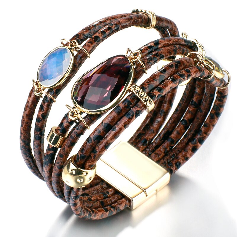 ALLYES Mulltilayer Snake Pulseras de cuero genuino para mujeres Peace Charm Animals Pattern Crystal Wrap Bracelet Joyería femenina