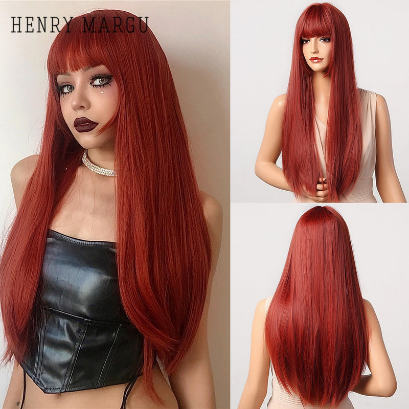 HENRY MARGU pelucas sintéticas negras rectas largas con flequillo pelos falsos naturales para mujeres Afro resistente al calor Cosplay pelucas diarias