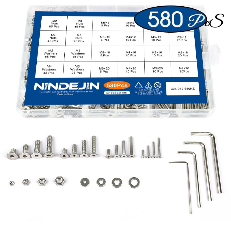 NINDEJIN 580/880pcs Hex Hexagon Socket Screw Assortment Kit M2 M3 M4 M5 Stainless Steel Flat Round Cap Head Bolt and Nut Set