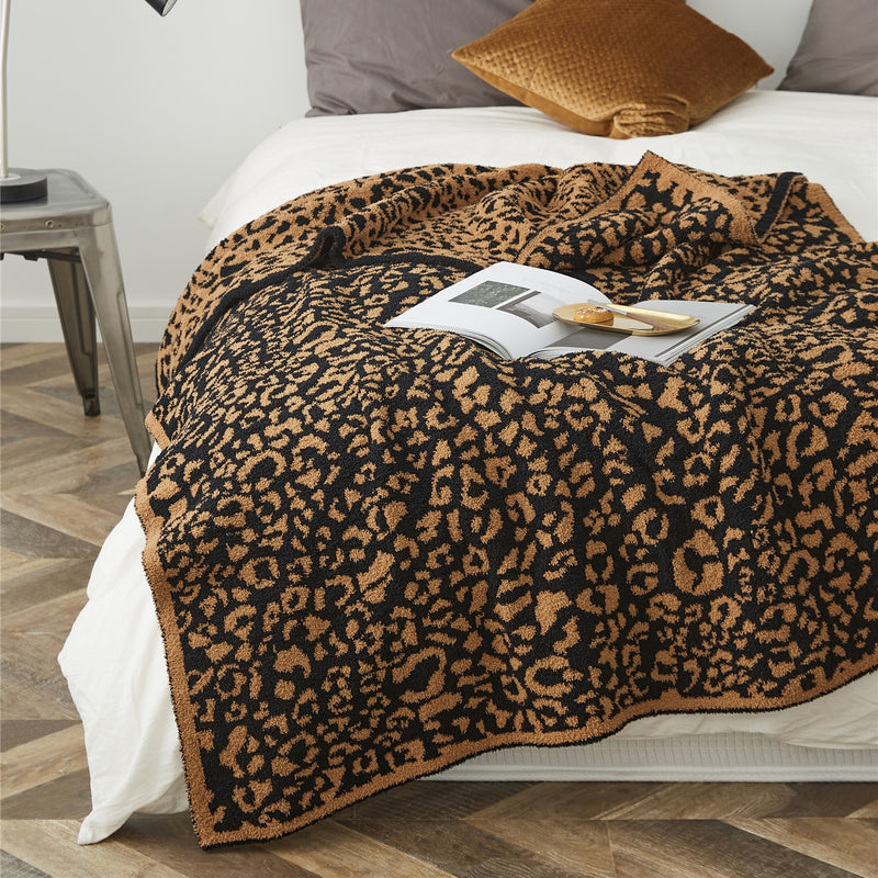 REGINA Delicate Knitted Leopard Print Blankets Winter Warm Faux Fur Microfiber Stich Plaid Bedspread Fluffy Adult Blanket Throw