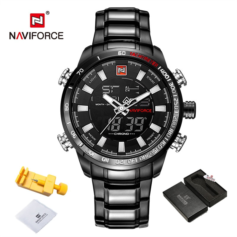 NAVIFORCE Luxury Brand Mens Watches Military Sport Digital Quartz WristWatch For Men Stainless Steel Waterproof Big Clock Male