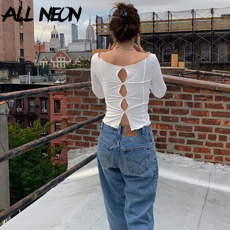 ALLNeon Aesthetics Hollow Out Stitch Long Sleeve T-shirts E-girl Vintage Solid O-neck Cropped Tops 90s Fashion Streetwear