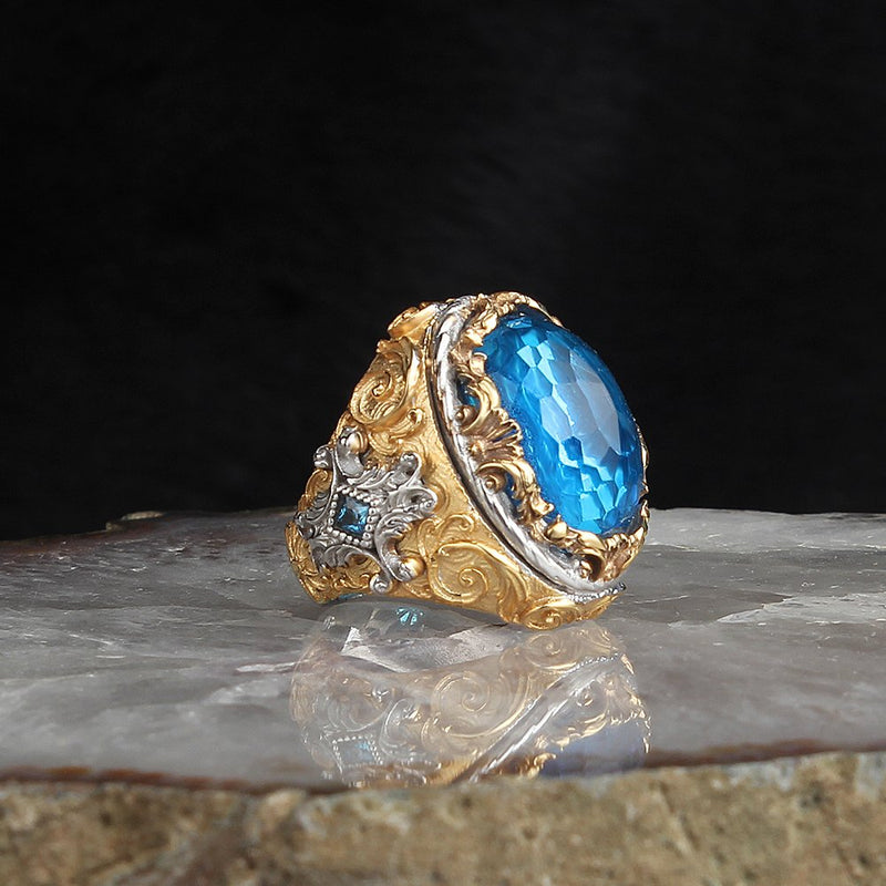 Gold Plated Men Ring 925 Sterling Silver Ring Blue Topaz Gemstone Men Rings Male Jewelry Rings For Men Women `s Rings Men Jewelr