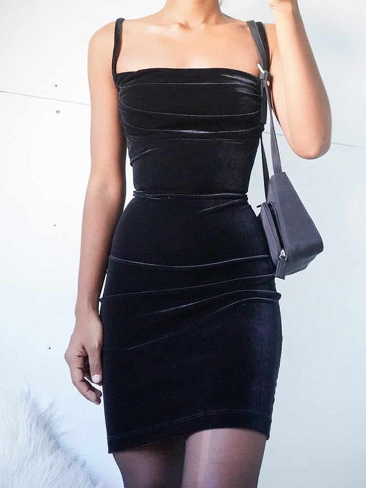 WannaThis Black Velvet Spaghetti Strap Dress Front Ruched Mini Skinny Sleeveless Off Shoulder Women Fashion Elegant  Party Dress