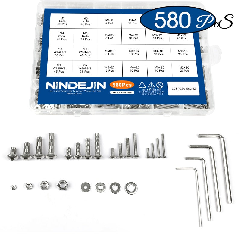 NINDEJIN 580/880pcs Hex Hexagon Socket Screw Assortment Kit M2 M3 M4 M5 Stainless Steel Flat Round Cap Head Bolt and Nut Set