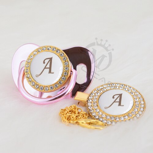 MIYOCAR Gold silver name Initials letter white elegant A beautiful bling pacifier and pacifier clip BPA free dummy bling LA-W